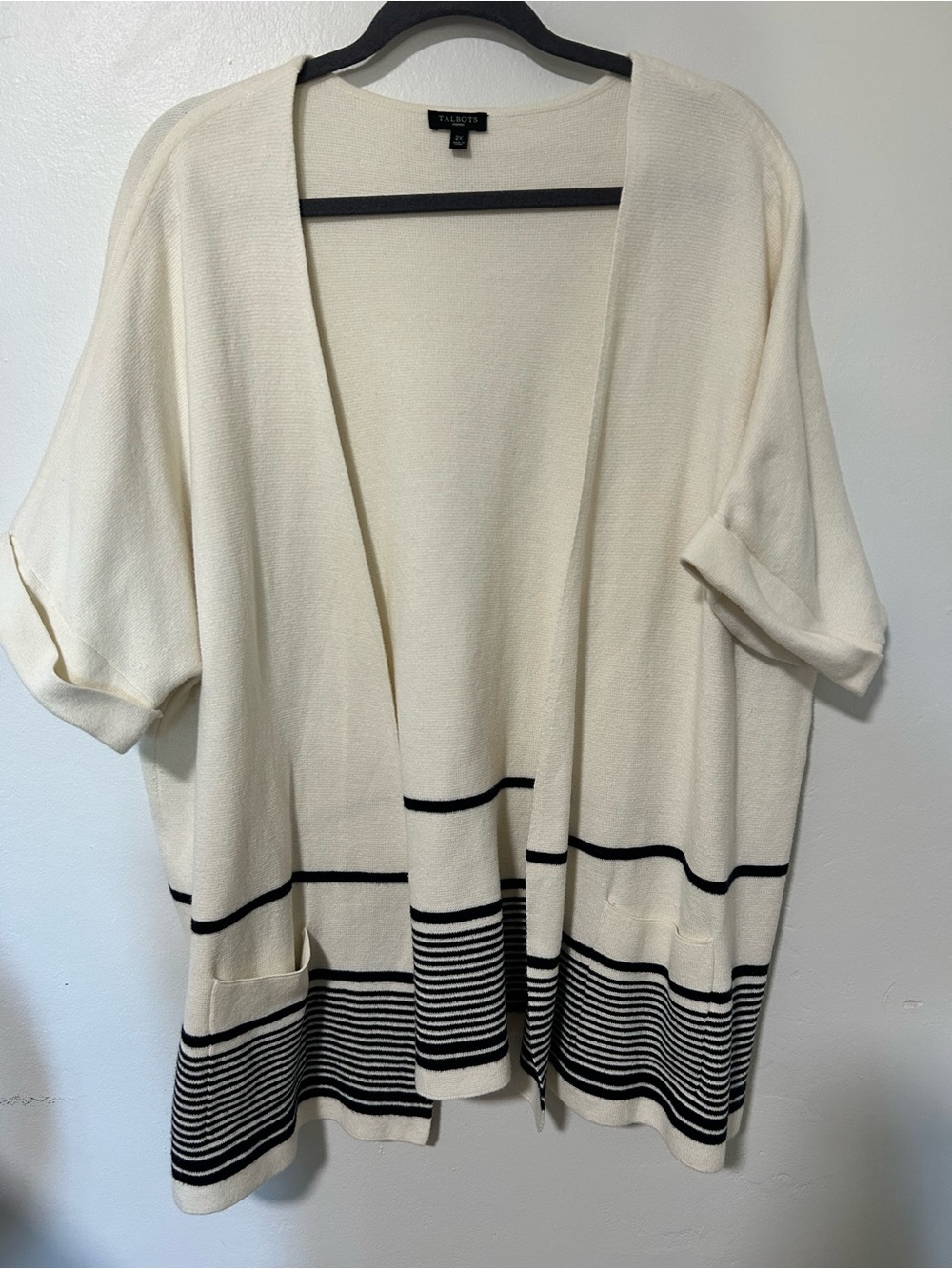 Talbots Woman Ivory & Navy Striped Open Front Cardigan Plus Size 2X